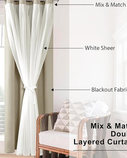 Hiasan Blackout Curtains with Sheer Overlay, Grommet Thermal Insulated Privacy Mix and Match Double Layer Window Curtains for Bedroom, Living Room, 2 Drape Panels Sewn with Tiebacks, Taupe, 52W X 63L