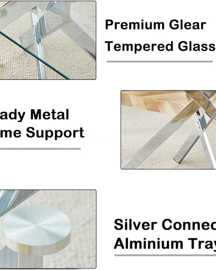 5 Piece Dining Table Set for 4, 51in Glass Dining Table Set with 4 Upholstered Dining Chairs, Gray Tufted Chair & Dining Room Table Set w/Silver Metal Legs, Glass Kitchen Table and Chair Set for 4