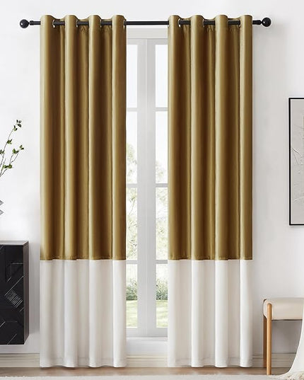 BULBUL Color Block Window Curtains Panels 102 inches Long Gold Ivory Velvet Farmhouse Drapes for Bedroom Living Room Darkening Treatment with Grommet Set of 2