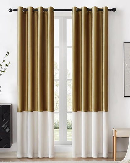 BULBUL Color Block Window Curtains Panels 120 inches Long Gold Ivory Velvet Farmhouse Drapes for Bedroom Living Room Darkening Treatment with Grommet Set of 2