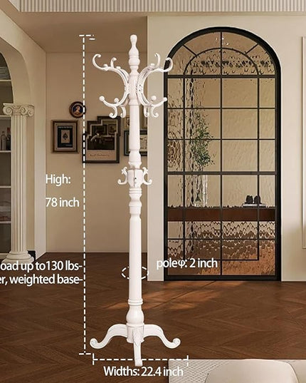 Wooden Coat Racks, Retro 78" Coat Tree with 12 Hooks & Stable Triangular Base, Entryway Coat Rack Freestanding for Hat, Clothes, Scarves, Handbags, Umbrella (Ivory)