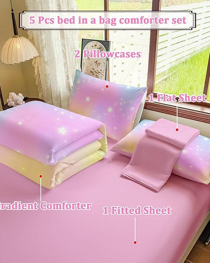 Rainbow Bedding Set Full Size – 5 Piece Reversible Girls Comforter with Deep-Pocket Sheet, Gradient Galaxy Design, Whole-Piece Filling, Machine Washable Bed-in-a-Bag for Kids Room Makeover & Gifts