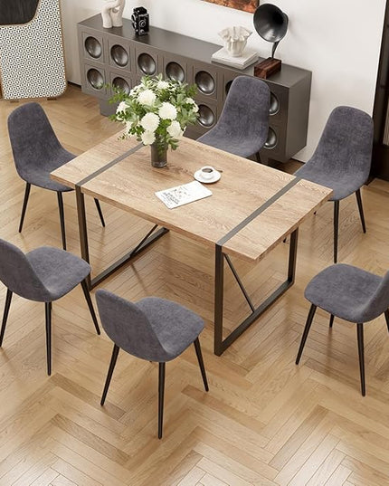 7 Piece Dining Table Set for 6,Modern 55'' Rectangle Wood Dining Table and Fabric Dining Chairs 6,Kitchen Table and Chairs for 6,Ideal for Kitchen Dining Room