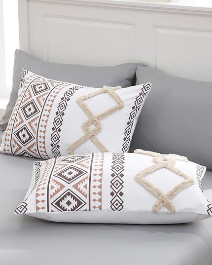 MOVE OVER Beige and Gray Tufted Comforter Set King Size 5 Pieces Farmhouse Bedding Set 100% Soft Microfiber Boho Aztec Bedroom Comforter Set Modern Style Ethnic Boho Tufted Bed Set for All Seasons