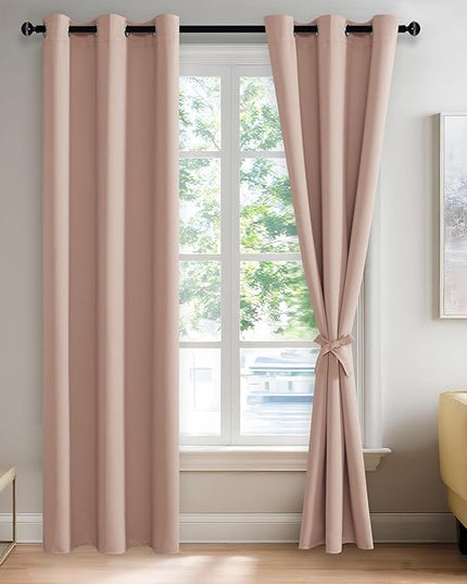 JIUZHEN Blackout Curtains with Tiebacks - Thermal Insulated, Light Blocking and Noise Reducing Grommet Curtain Drapes for Bedroom and Living Room, Set of 2 Panels, 42 x 84 Inches Long, Blush Pink