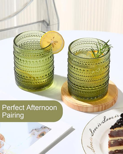 Vintage Glassware Drinking Glasses Set of 6,12 oz Hobnail Glass Cups,Embossed Green Water Tumbler,for Beer,Cocktail,Whiskey,Juice and Various Mixed Drinks- 1 Cleaning Brush