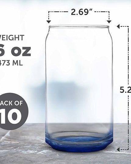 DISCOUNT PROMOS Beer Can Glasses Set of 10, 16 oz. Pint Sized, Soda Can Shape, Glassware, Blue
