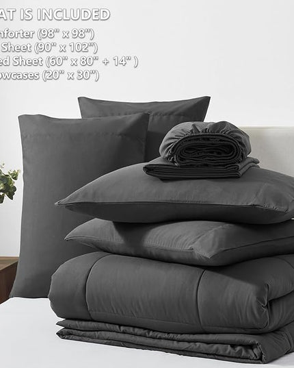 CozyLux Oversized Queen Comforter Sets Dark Grey, 7 Pieces Bed in a Bag, Ultra-Soft All Season Bedding Sets with Stitch Quilted Comforter, Flat Sheet, Fitted Sheet, Pillowcases, Dark Gray