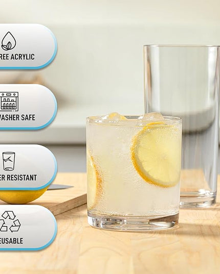 Zulay Kitchen Acrylic Plastic Glasses Drinkware - 16 Piece Unbreakable Drinking Glasses - BPA-Free, Reusable Plastic Tumblers for Home & Outdoors - Stackable, Lead-Free & Dishwasher Safe - (12&16oz)