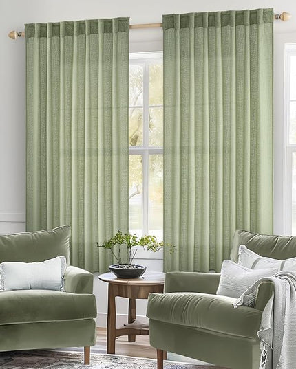 MIULEE Sage Green Linen Curtains 54 Inch Length 2 Panels for Bedroom Living Room, Soft Thick Linen Textured Short Window Drapes Semi Sheer Light Filtering Back Tab Rod Pocket Burlap Look Decor