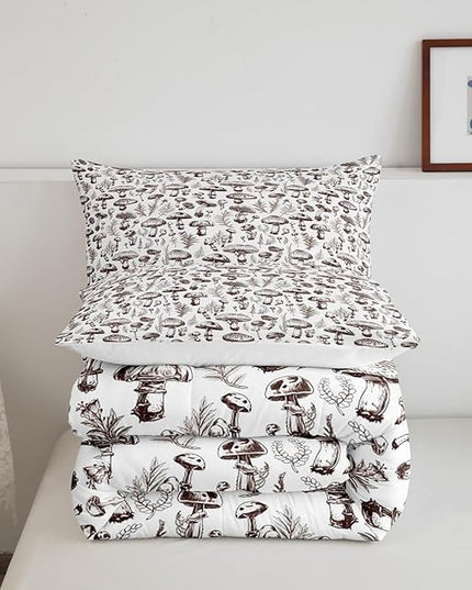 Manfei Mushroom Kids Comforter Set Full Size,Hand Drawn Sketch Bedding Set,Boys Girls Room Decor,Botanical Plants Weed Flowers Rustic Down Comforter,Brown White Boho Retro Duvet Insert,2 Pillowcases
