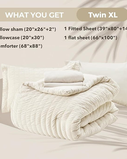 HYMOKEGE Ivory Twin XL Comforter Set Seersucker 5 Pieces, All Season Luxury Bed in a Bag for Bedroom, Bedding Set with Comforter, Sheets, Pillowcase & Sham