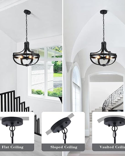 16.73" Black Farmhouse Light Fixtures, 5-Lights Vintage Cage Chandeliers Round Pendant Light for Dining Room Entryway Kitchen Island Living Room Hallway Foyer