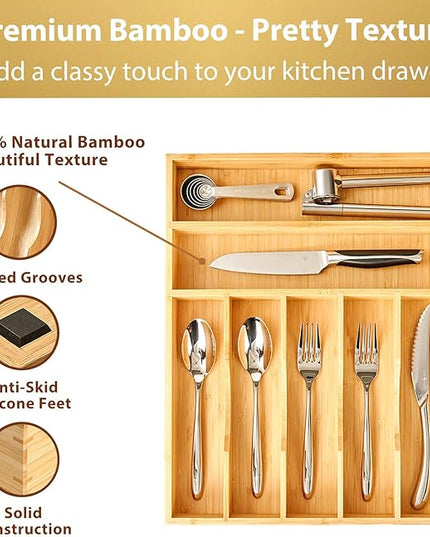 Umilife Bamboo Kitchen Drawer Organizer, 13 Inch Silverware Utensil Tray Holder, Extra Deep Grooved Drawer Divider, 7 Slots Total Bamboo Wood Caddy for Flatware Cutlery Knives, Forks, Spoons