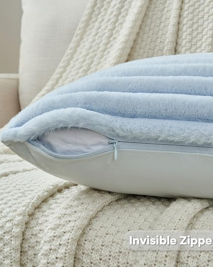 FUTEI Light Blue Throw Pillow Covers Set of 2, 22x22 Inch Striped Texture Cushion Cases with Soft Faux Rabbit Fur Front & Velvet Back, Modern Decorative Couch Pillows for Living Room
