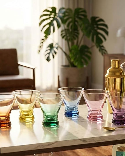 ColoVie Martini Glasses Set of 6 - Cocktail Glasses - 8oz Stemless Margarita, Bar, Dessert Glass - Colored Liquor Drinking Glassware - Cosmo, Manhattan, Espresso Martini - Cocktail Party Gift for Her