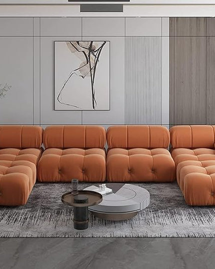 JACH U-Shaped Modular Sectional Couch, 138"" Minimalist Velvet Sofas, Convertible Couches, Mid-Century Modern Sectional Sofa with Chaise Ottomans for Living Room Apartment (Orange), 105OR-U-U