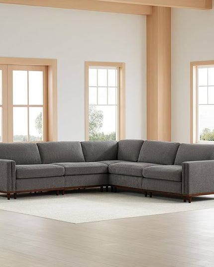 CHITA Super Large Luxury V Shape Corner Sectional Modular Sofa Set, Down Filled Modern Sofa, Deep Seat Cloud Couch, 114 inch Width, 5 Seat Couch with Chaise, Solid Wood Leg, Grey
