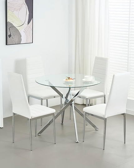 36" Round Glass Dining Table Modern Kitchen Glass Top Table for 4 with Silver Chrome Metal Legs, Clear Dining Table Kitchen Table for Home Office Dining Room