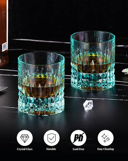 KAMMAK Crystal Whiskey Glasses Set, 7.8 oz (230 ml) Hand Blown Old Fashioned Tumbler, Thick Base Colored Glass with Delicate Rim & Seamless Design for Scotch, Bourbon, Cocktails, Aqua Green