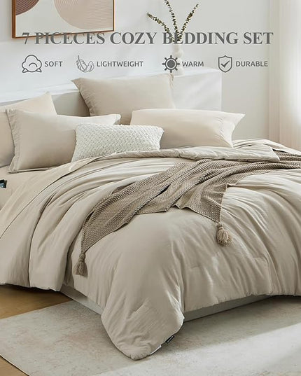 WRENSONGE Light Oatmeal Queen Comforter Set, 7 Pieces Soft Microfiber Comforters Queen Size with Fitted Sheet, Flat Sheet, 2 Pillow Shams, and 2 Pillowcases- Warm Bedding Sets Queen for All Season