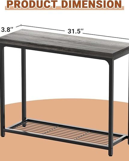 32" Small Console Table, 2-Tier Narrow Entryway Table, Sofa Table with Mesh Shelves, Console Tables for Living Room, Hallway, Entryway, Farmhouse Console Table with Storage, Oak Grey