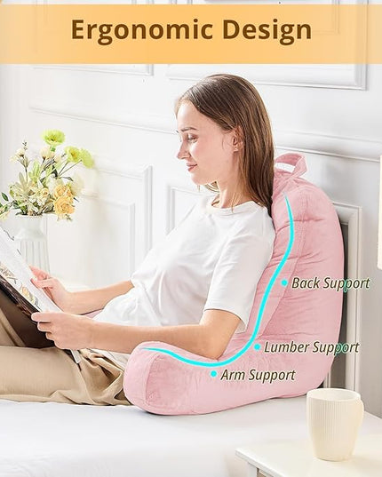 Sasttie Reading Pillow, Velvet Back Pillow for Bed Sitting Up, Adult Back-Rest Support Cushion with Arms for Sit Up on Couch, Sofa, and Floor, Dorm Essentials, Reading Accessories, Pink