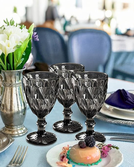 16 Pack Vintage Wine Glasses, Plastic Reusable 12 Ounce Colored Water Goblets, Unique Embossed Pattern Unbreakable Stemmed Wine Glasses, High Clear Wedding Party Bar Drinking Cups Black