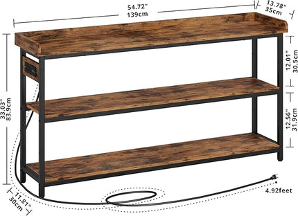 IRONCK Console Table, Sofa Table with Power Outlet, Farmhouse Hallway Table for Entryway, Living Room, Height Adjustable, Easy Assembly, Rustic Brown,55"