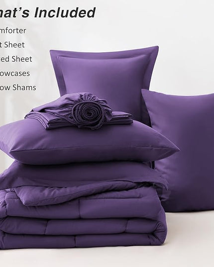 Love's cabin Queen Comforter Set Dark Purple, 7 Pieces Queen Bed in a Bag, All Season Bedding Sets with 1 Comforter, 1 Flat Sheet, 1 Fitted Sheet, 2 Pillowcase and 2 Pillow Sham