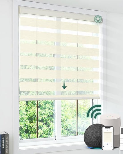 Cordless Motorized Zebra Blinds for Windows with Remote, Custom Smart Semi Sheer Zebra Shades Compatible with Alexa Google, Automatic Electric Light Filtering Zebra Roller Shades, Beige