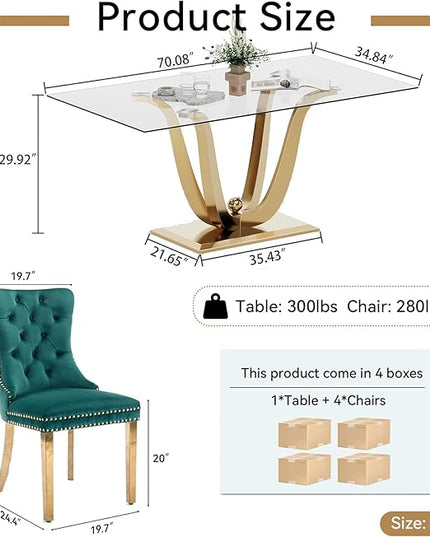 HomVent 70'' Glass Dining Table Set for 4, Modern Rectangle Glass Kitchen Table Set for 4, Kitchen Table and Chairs Set for 4 for Living Room,Kitchen