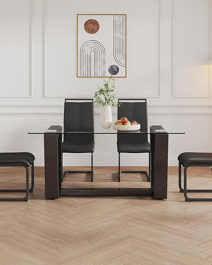 Ebullient Glass Dining Table Set for 4, Modern Dining Table Set for 4, Tempered Glass Tabletop with Black MDF Trapezoid Legs, Rectangle Kitchen Table with 4 Faux Leather Chairs for Home, Apartment