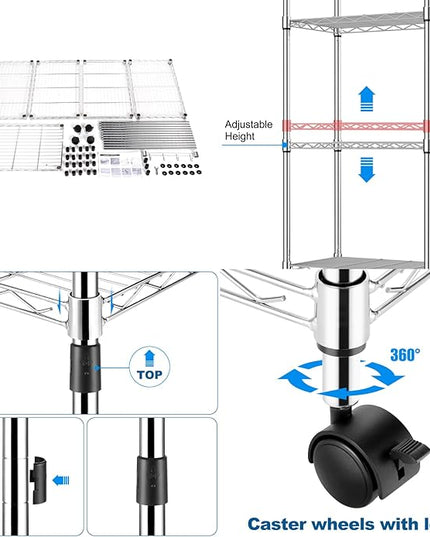 Himimi 5-Tier Storage Shelf Wire Shelving Unit on Wheels Heavy Duty Metal Shelves Adjustable Steel Rack Organization for Kitchen Garage Basement, Silver