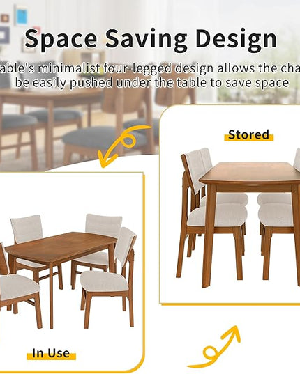 5-Piece Wooden Dining Set Mid-Century Modern Dinner Table and 4 Upholstered Chairs Rectangular Table with Chairs Set Rubberwood Legs Linen Padded Seat & Backrest for Dining Room Kitchen Apartment