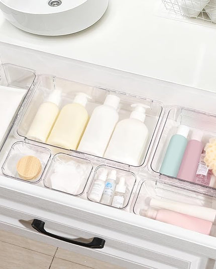 14 Pcs Adjustable Clear Drawer Organizer, Extendable Vanity Storage Bins, Desk Drawer Organizer Set for Makeup, Cosmetics, Bedroom, and Gadgets, Clear