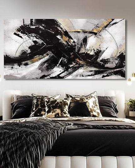 Abstract Wall Art for Living Room Canvas Wall Decor Large Artwork Black And Gold Wall Decorations Black Pictures for Wall 29"x58"