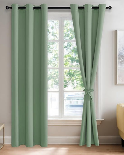 JIUZHEN Light Sage Blackout Curtains with Tiebacks Thermal Insulated, Light Blocking and Noise Reducing Grommet Curtains for and Living Room, Set of 2 Window Curtain Panels, 42 x 84 Inch Length