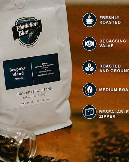 PREMIUM PLANTATION BLUE TRADITION CLASS EXPERIENCE Bespoke Blend of Blue Mountain & Kona Coffee Ground (1lb)