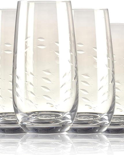 Hand-Carved Fish Highball Glass Set of 4 – Artistic Handmade Whiskey & Water Drinking Glasses with Intricate School of Fish Design – Durable 17oz Tumblers for Everyday Use, Gifts, or Cocktails