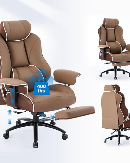 DJ·Wang Big and Tall Office Chair with Foot Rest, High Back Executive Office Chair PU Leather, Ergonomic Chairs with Lumbar Support, 135° Reclining Chairs with Thickened Spring Cushion Brown