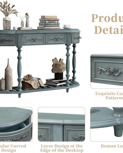 HMFULE Retro Curved Console Table, 52" Solid Wood Half Moon Console Table Sofa Table with 4 Drawers 1 Open Shelf for Living Room,Entryway,Hallway,Antique Blue