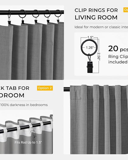INOVADAY 100% Blackout Curtains for Bedroom, Black Out Curtains 63 Inch Long, Clip Rings Linen Blackout Drapes, Thermal Insulated Room Darkening for Living Room, 2 Panels - DarkgreyW50xL63