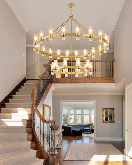 60 Inch Gold Wagon Wheel Chandelier with Glass Shade, 30 Lights, 2 Tier Round Modern Farmhouse Chandelier, High Ceilings Pendant Lighting Fixture for Dining Room, Living Room, Kitchen, Foyer
