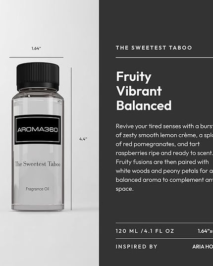Aroma360 - The Sweetest Taboo Fragrance Oil Scent - Luxury Aromatherapy Scent Diffuser Oil - Hints of Lemon Crème, Pomegranates, & Raspberries - For Essential Oil Diffusers - For Home & Office - 120mL