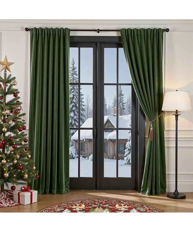 Lazzzy Velvet Green Curtains 108 Inches Long Black Out Thermal Insulated Room Darkening Curtain Drapes Luxury Back Tab Window Treatments for Bedroom Living Room 2 Panels, 52 x 108 Inch, Moss Green