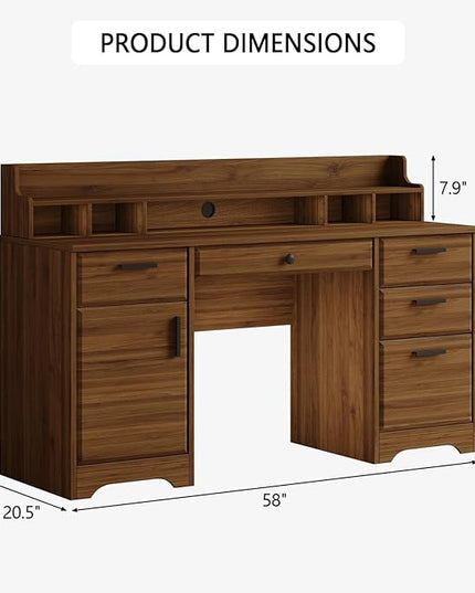 Executive Desk with File Drawers,Computer Desk with Storage,58 Inch Home Office Desk with Storage Cabinet for Bedroom, Rustic Brown