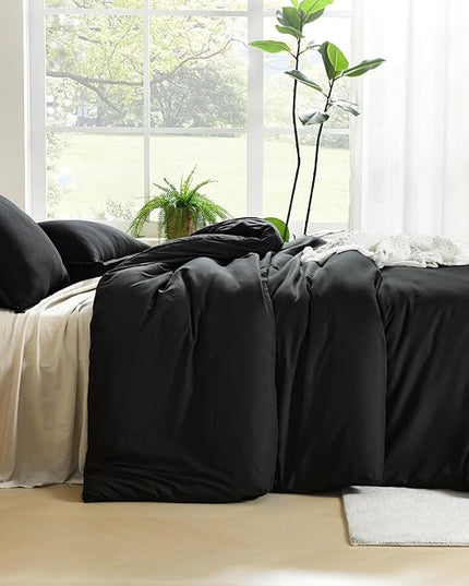 Litanika Black Comforter Set Queen Size, 3 Pieces Lightweight Solid Bedding Comforter Set, All Season Fluffy Bed Set (90x90In Comforter & 2 Pillowcases)