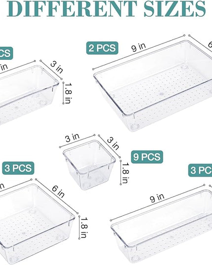 23 PCS Drawer Organizer Set, 5 Varied Size Bathroom and kitchen Drawer cabinet organizer Trays, Clear Storage Bins for Makeup, Jewelry, Utensils and Gadgets