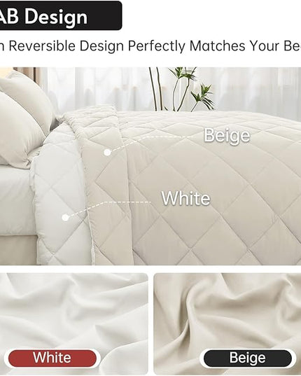 MUXHOMO 7 Pieces California King Comforter Set, Reversible Bed in a Bag Cal King Size, All Season Bedding Set with Comforter, Flat Sheet, Fitted Sheet, Pillowcases & Shams, Beige & White